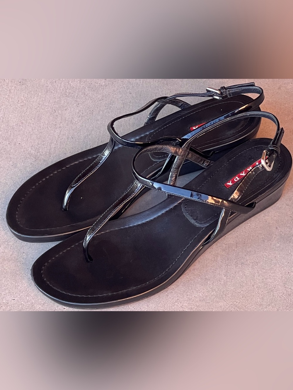 Prada Linea Rossa Black Patent Leather T-Strap Wedge Sandals Size 38 Italy